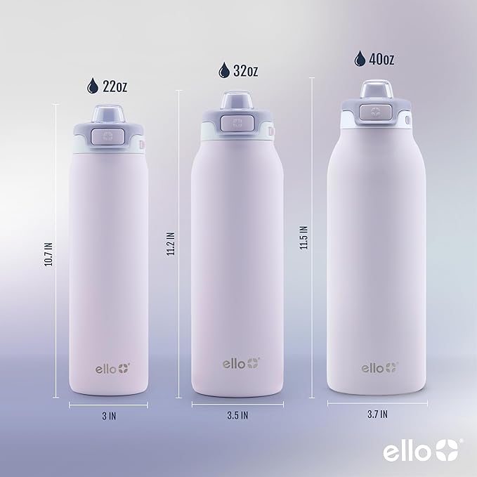 Ello Pop & Fill Stainless Steel Water Bottle with Quick Fill Technology, Double Walled Vacuum Insulated Metal, Leak Proof Locking Lid, Sip & Chug, BPA Free, Holiday Gift for Him Her, 22oz, 32oz, 40oz