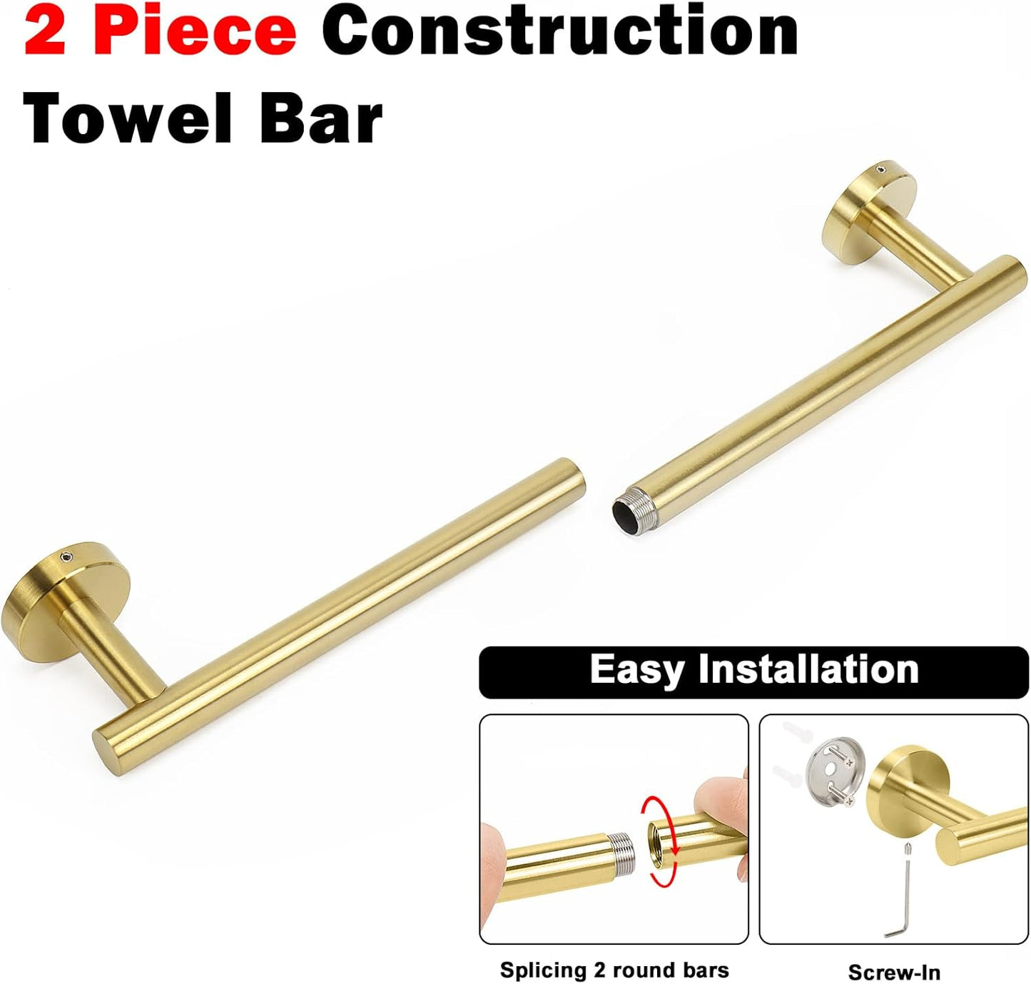 NearMoon Bath Towel Bar, Bath Accessories Thicken Stainless Steel Shower Towel Rack for Bathroom, Towel Holder Wall Mounted (1 Pack, Brushed Gold, 18 Inch)
