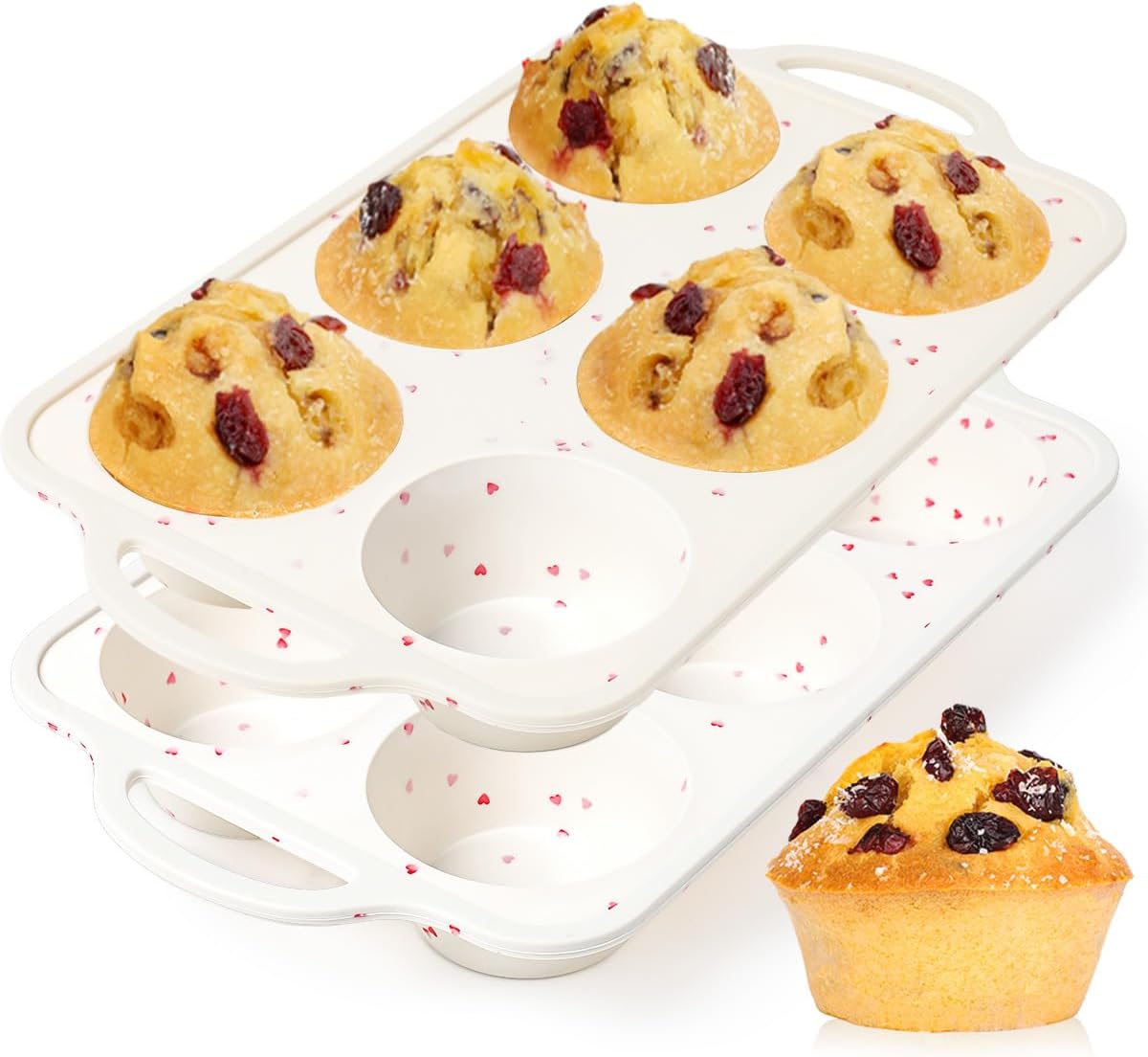CAKETIME Large Muffin Pan, Metal Reinforced Frame 3.5 Inch Jumbo Silicone Muffin Pan Nonstick 6 Cups for Baking Jumbo Muffin, Frittatas, Cupcakes 2 Pack Love Heart