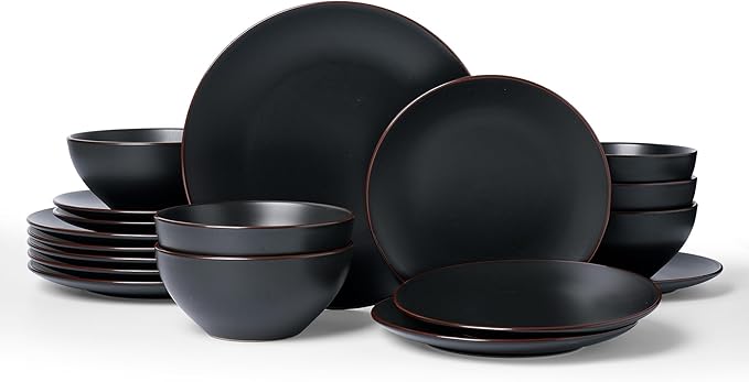 Famiware Venus Plates and Bowls Sets, 18 Pieces Stoneware Dinnerware Sets, Dishes Set for 6, Microwave and Dishwasher Safe, Matte Black