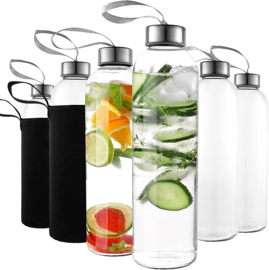 24oz Glass Water Bottles – Pack of 12 - Nylon Protective Sleeves, Airtight Screw Top Lids, Portable Carrying Loops - Lead, PVC and BPA Free - Water, Smoothie, Juicer, and Beverage Glasses