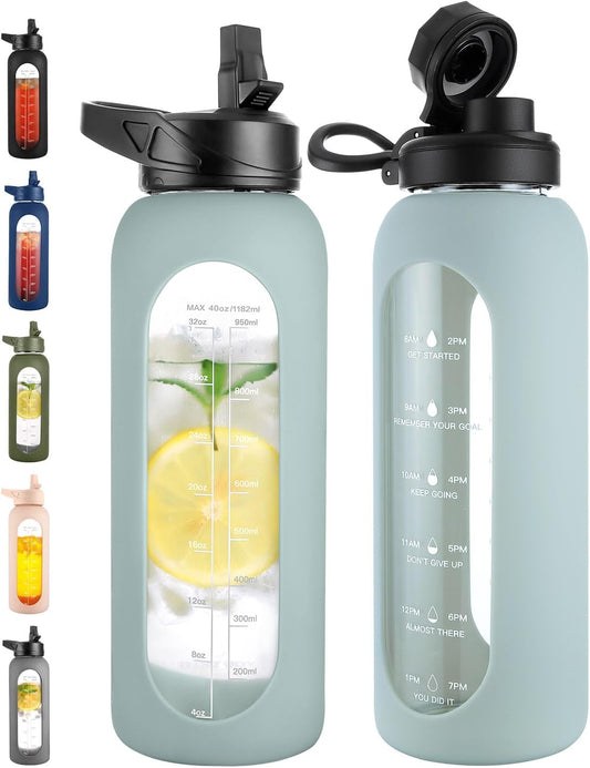 CIVAGO 40 oz Glass Water Bottle with Straw and Handle, Large Sports Motivational Water Bottle Flask with Time Marker and 2 Lids, Leakproof Water Jug Canteen with Silicone Sleeve for Gym,Sage