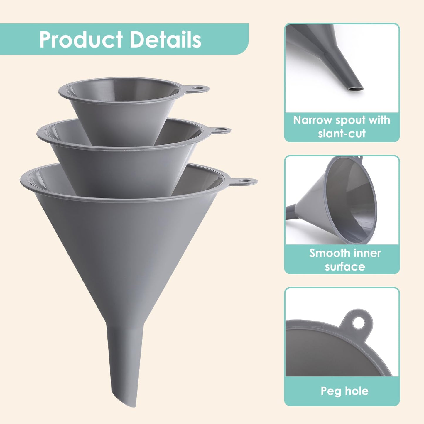 Plastic Kitchen Funnel Set of 3, Durable Round Food Grade Cooking Funnels for Kitchen Use Filling Bottles, Multifunctional Small Medium and Large Sizes for Canning, Lab or Car Oil Use