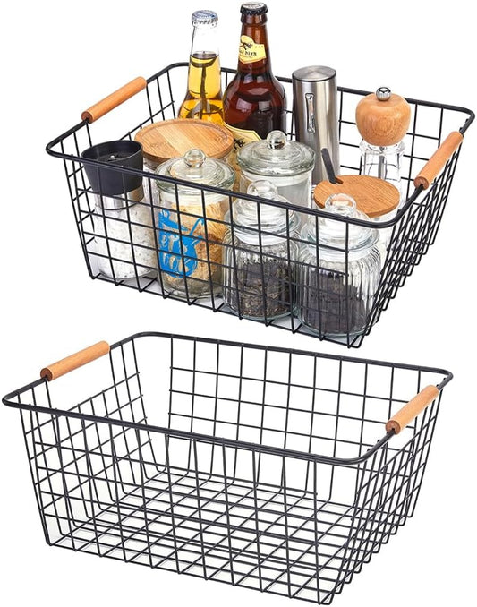 LeleCAT Large black wire baskets with Wooden Handles for storage pantry, Storage Organizer Baskets, Household Refrigerator for Cabinets, Closets, Bedrooms, kitchen - Set of 2（Black）