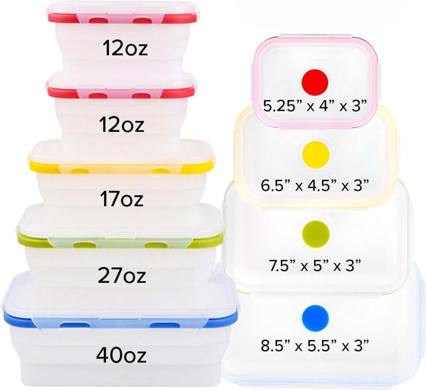 Collapsible Silicone Food Storage Containers, BPA Free, Microwave, Freezer and Dishwasher Safe, Lunch, Meal Prep, Travel, Space-Saving, Set of 5