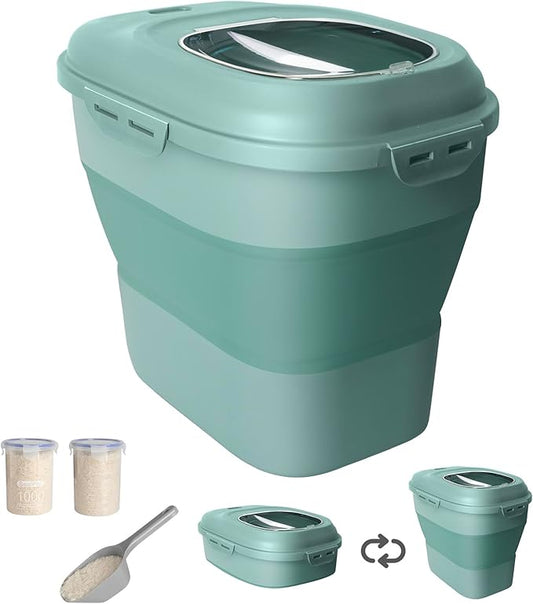 20-50 Lbs Food Storage Containers,Collapsible Rice Container with Wheel Airtight Locking Lid,Flour Storage Container with Small Food Jar and Scoop,Suitable for Food,Rice,Pet Food,Flour