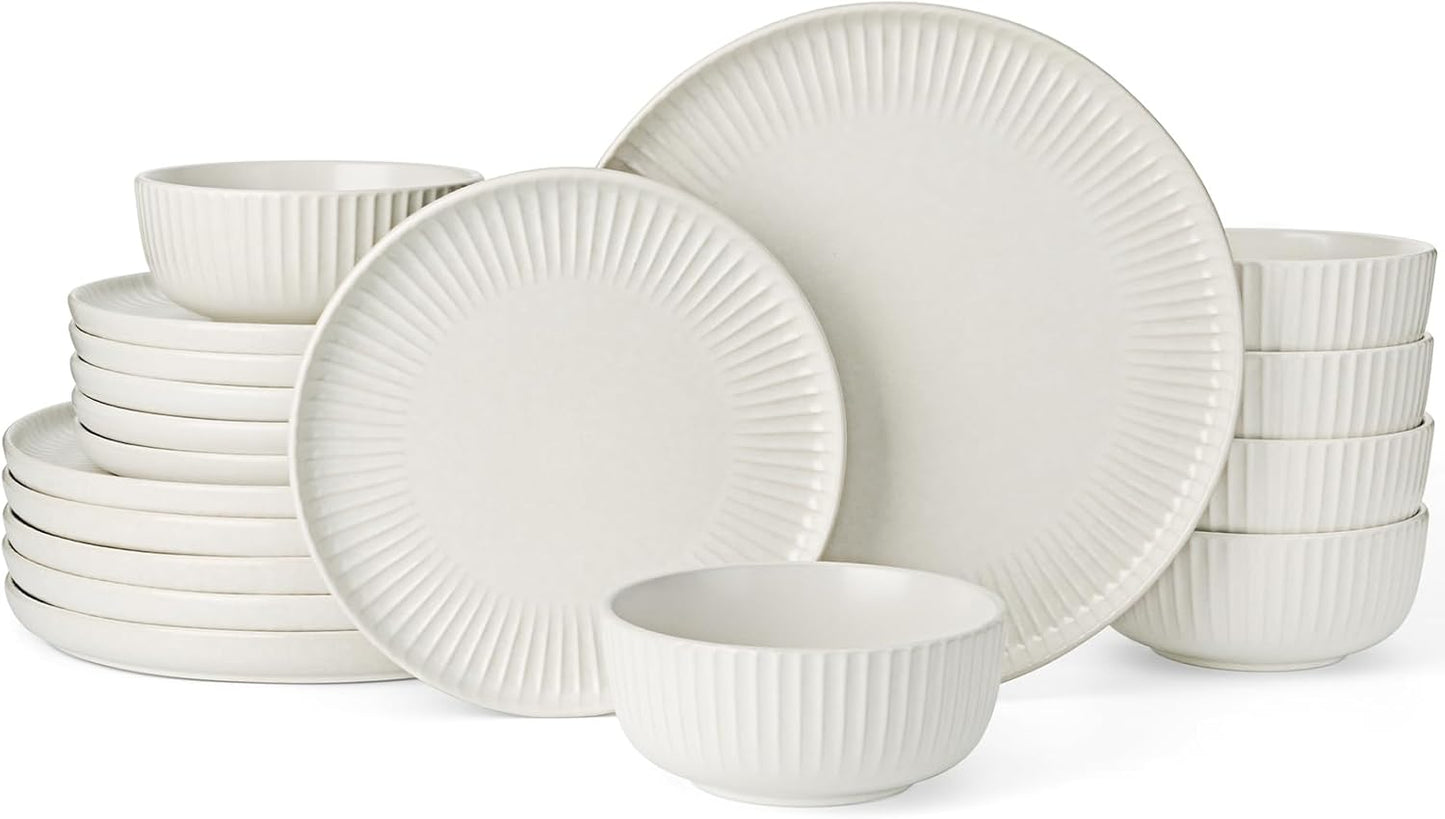 Famiware Starlight Dinnerware Sets, Plates and Bowls Dish Set of 6 (18 Pieces), Ribbed Textured Tableware - Dishwasher & Microwave Safe, Chip Resistant, Reactive Glaze, Matte Reactive White