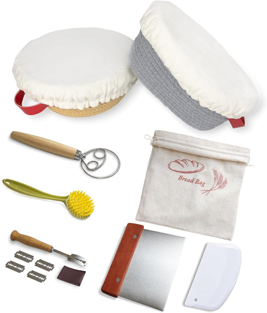 Round & Oval Banneton Bread Proofing Basket set, Sourdough Starter Kit With Bread Storage Bag, Dough Whisk, Scoring Lame, 2 Scrapers, Cleaning Brush, Sourdough Baking Supplies for baker