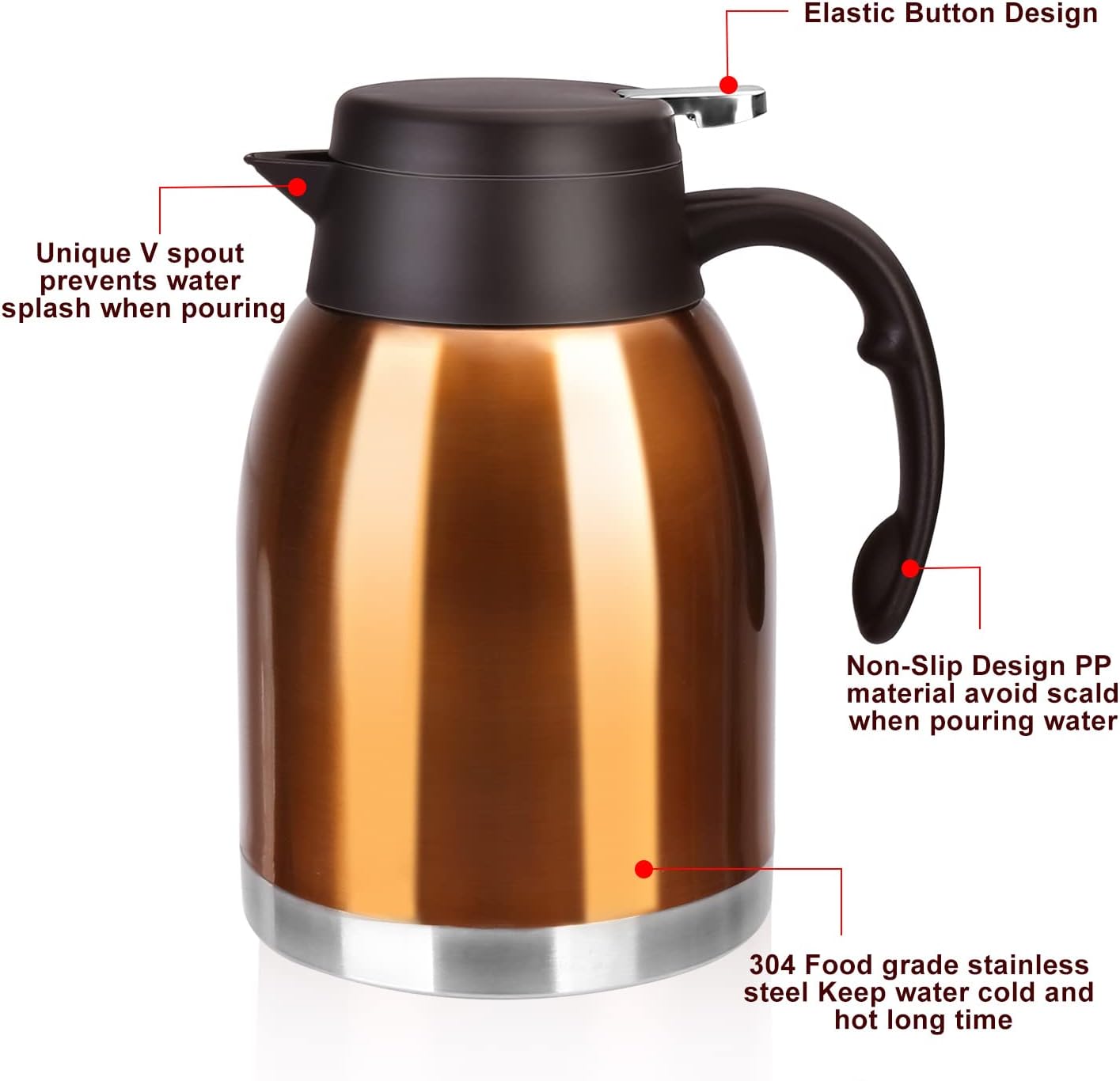 54oz Stainless Steel Thermal Coffee Carafe Dispenser, Double Wall Unbreakable Vacuum Flask 1.6L Water Tea Pot Pitcher for Cold Drinking in Summer