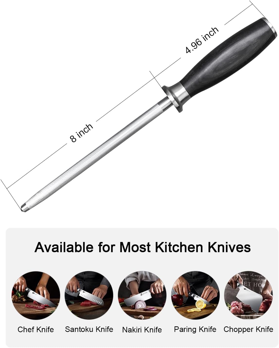 TUO Honing Rod, Knife Sharpening Rod 8 Inch, High Carbon German Steel Knife Sharpener with Ergonomic Pakkawood Handle, Premium Honing Steel for Kitchen Knives Blade Maintenance, Black Hawk Series