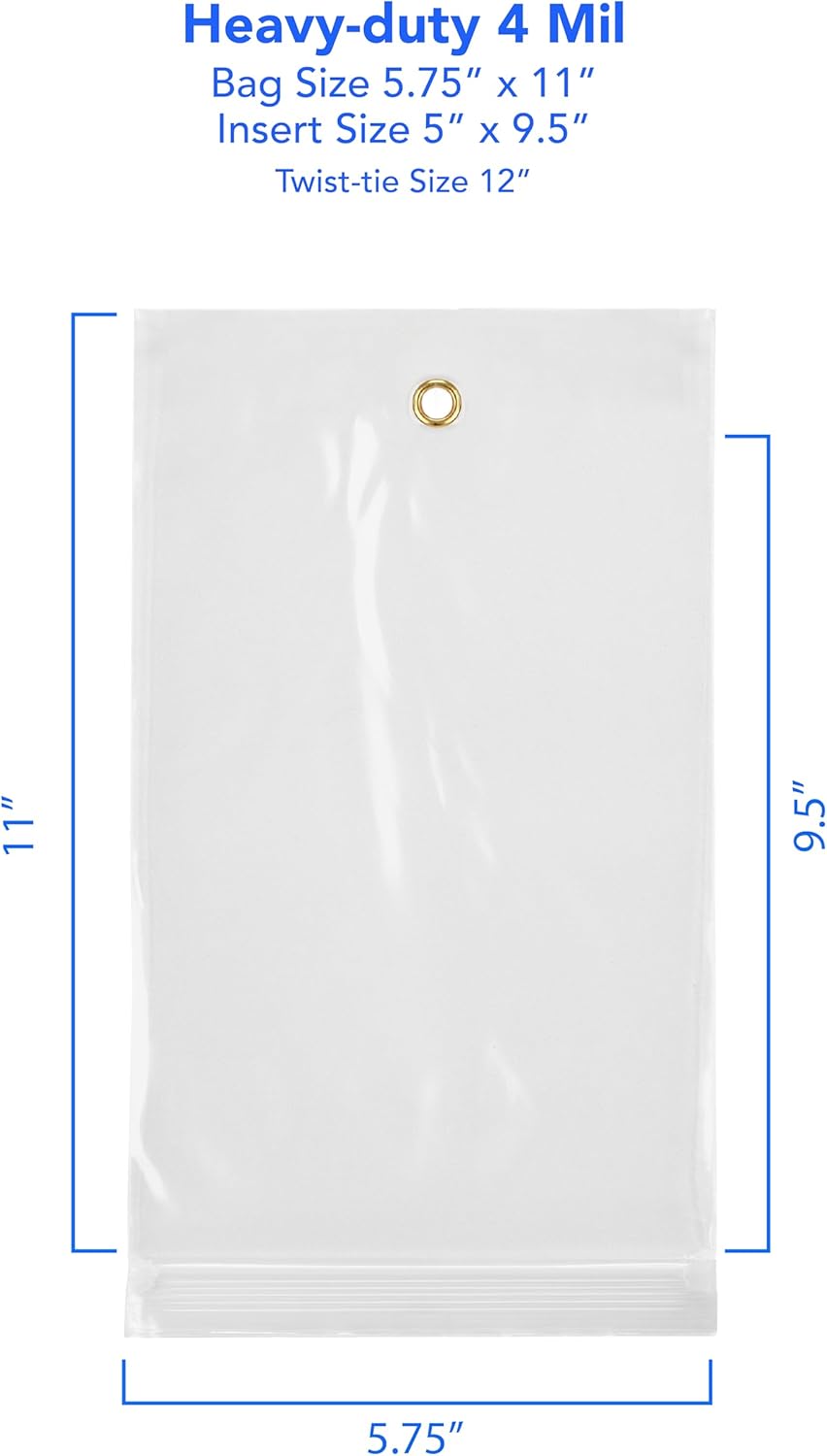 GPI - 5.75" x 11" Reclosable Zip Bags with Bottom Hang-hole & Pre-inserted 12" Twist-tie. 4 Mil Heavy-duty Resealable Zipper Baggy with Grommet/Metal Eyelet for Hanging (Insert Size 5x9.5) 1000 Pack
