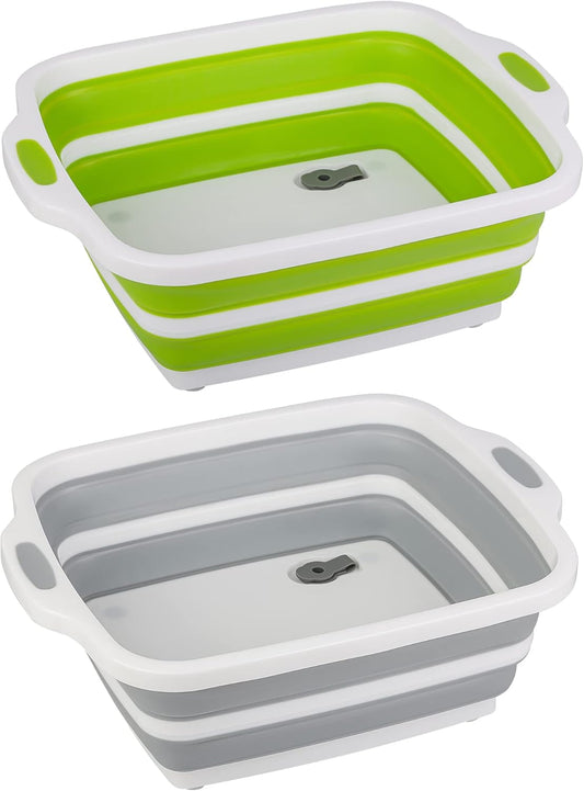 2 Pack Collapsible Cutting Board, Foldable Dish Tub with Draining Hole, Portable Chopping Board with Colander, 3 in 1 Multifunction Camping Sink for Washing Dish, Bowl, Vegetables and Fruit