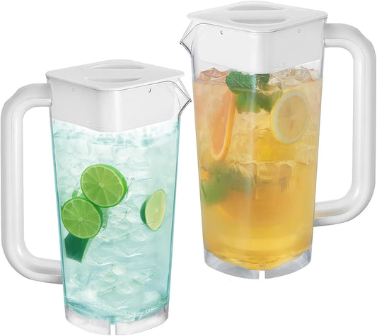 CURTA 2 Pack Plastic Pitcher with Lid, 2L Heavy-Duty Shatterproof Pitchers Clear Water Pitcher with Handle for Lemonade, Coffee,Iced Tea, Milk, Juice, Beverages