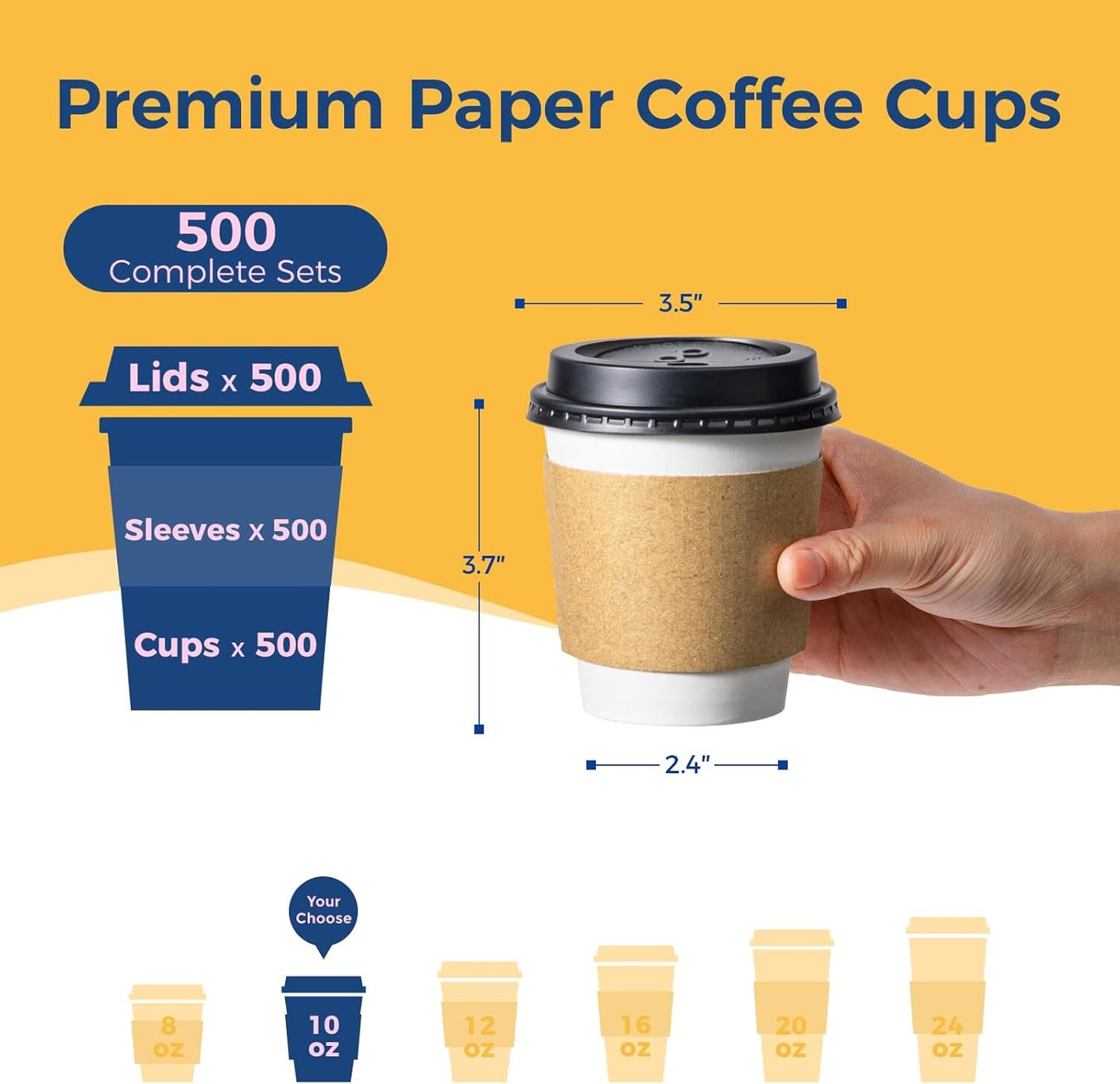 Fit Meal Prep 500 Pack 10 oz Disposable Coffee Cups with Lids, Sleeves, Leak-Proof To Go Coffee Cups with Lids, Durable Paper Cups for Hot Beverage, Home, Office, Party
