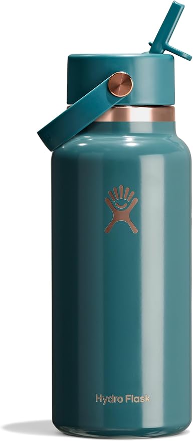 HYDRO FLASK Water Bottle - Insulated Stainless Steel - Wide Mouth Flex Straw Lid, Non Spill, Leakproof and Refillable in 32 Oz Sea Rose Gold