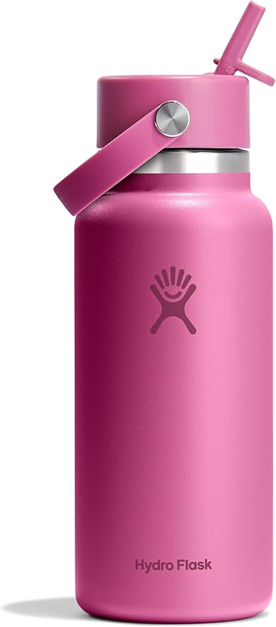 Hydro Flask Water Bottle - Insulated Stainless Steel - Wide Mouth Flex Straw Lid, Non Spill, Leakproof and Refillable in 32 Oz Reef Pink