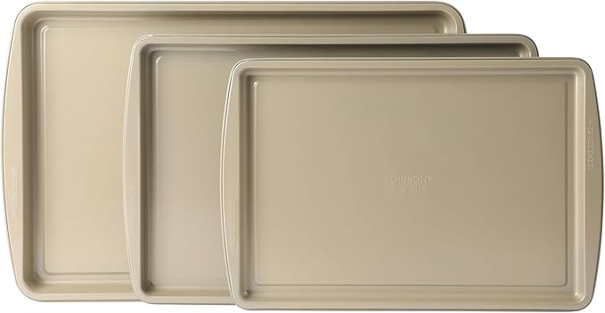 Gibson Home Lyneham 3 Piece Carbon Steel Nonstick Kitchen Baking Pans/Cookie Sheet Bakeware Set, Premium PFA Nonstick Material - Champagne Gold