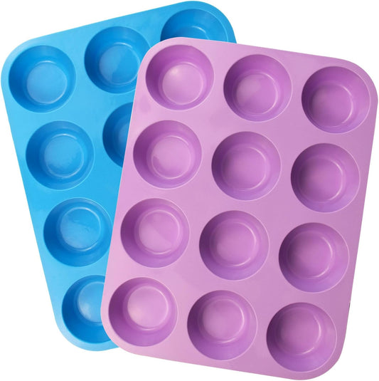 12 Cups Silicone Mini Muffin Pan Set, Nonstick Mini Cupcake Pans, BPA Free Small Muffin Tin for Baking, Set of 2 (Blue+Purple)