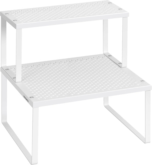 SONGMICS Spice Racks, Set of 2 Metal Cabinet Shelf Organizers, Countertop Organizers, Shelf Risers, Stackable, Expandable, White UKCS005W01