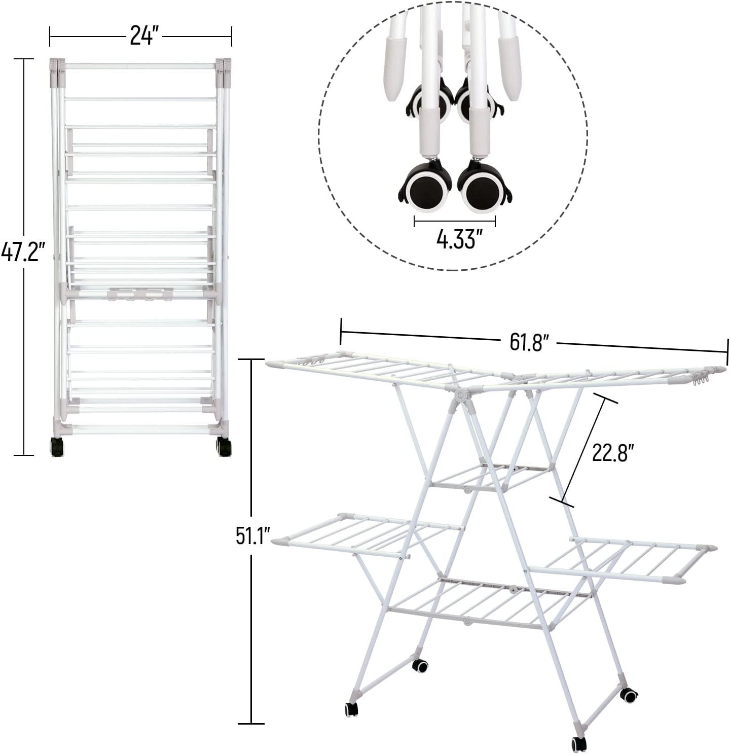 Gullwing Laundry Drying Rack, Space Saving Indoor & Outdoor Use, 61.81' x 22.84' x 51.18'
