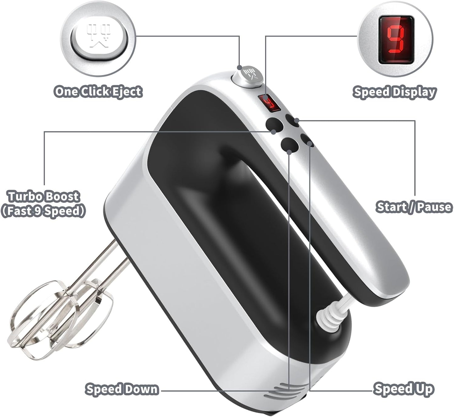 9-Speed Digital Hand Mixer Electric, 400W Powerful DC Motor Low Noise, Baking Mixer Handheld with Snap-On Storage Case, 5x Stainless Steel Accessories, Flat Beaters, Dough Hooks, Whisk