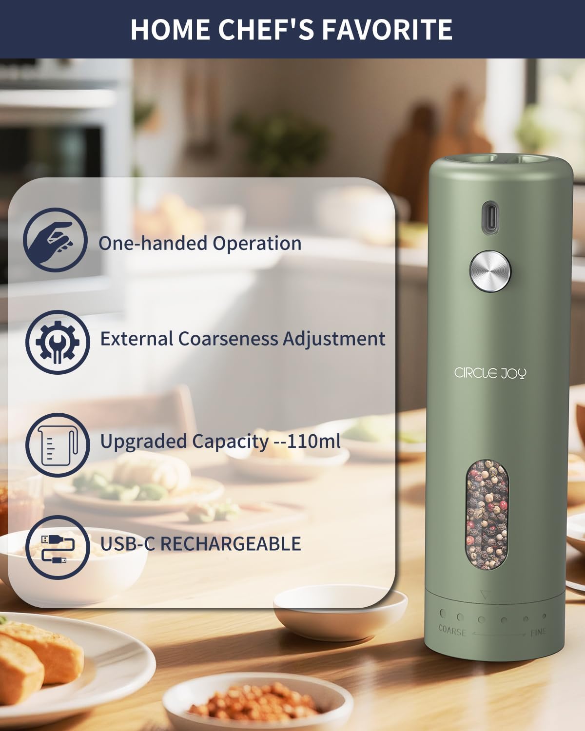CIRCLE JOY Rechargeable Electric Salt and Pepper Grinder Set with Base, Automatic Pepper Mills with 110ml Container, External Adjustable Coarseness, White Led Light and One-Handed Operation, Green
