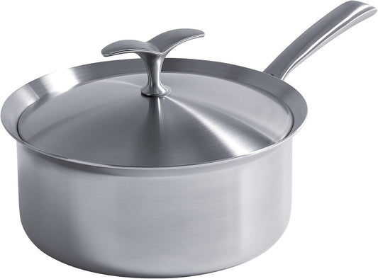 Non Stick Saucier with Lid Saucepan Nonstick 5-Ply Stainless Steel Sauce Pans 3 Quart Small Pot for Sauce Induction Compatible, Oven Dishwasher Safe, Works on All Stovetops Non Toxic, PTFE & PFOA Free
