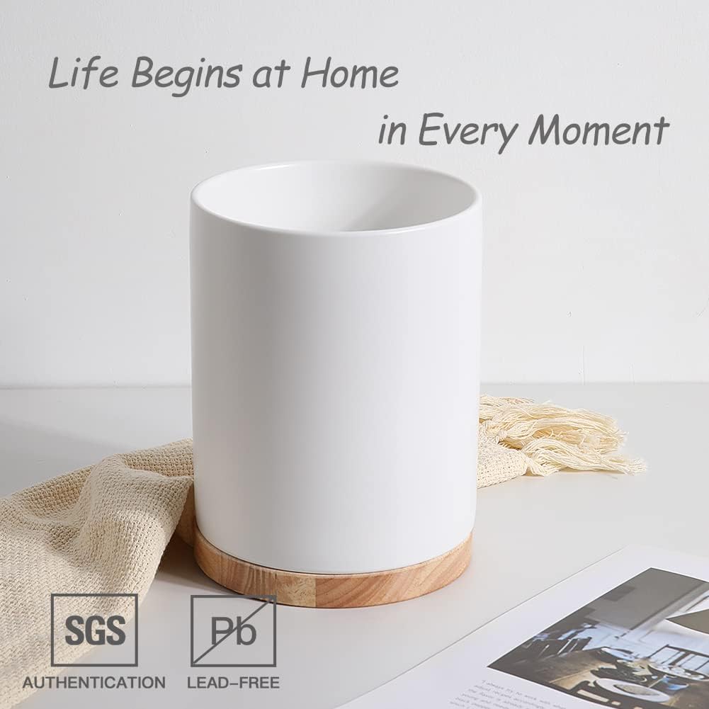 Sweejar Kitchen Utensil Holder with Wooden Bottom, 8.2" Ceramic Utensil Crock to Hold Spatulas for Cooking Countertop, Housewarming, Wedding, Birthday Gift (White)