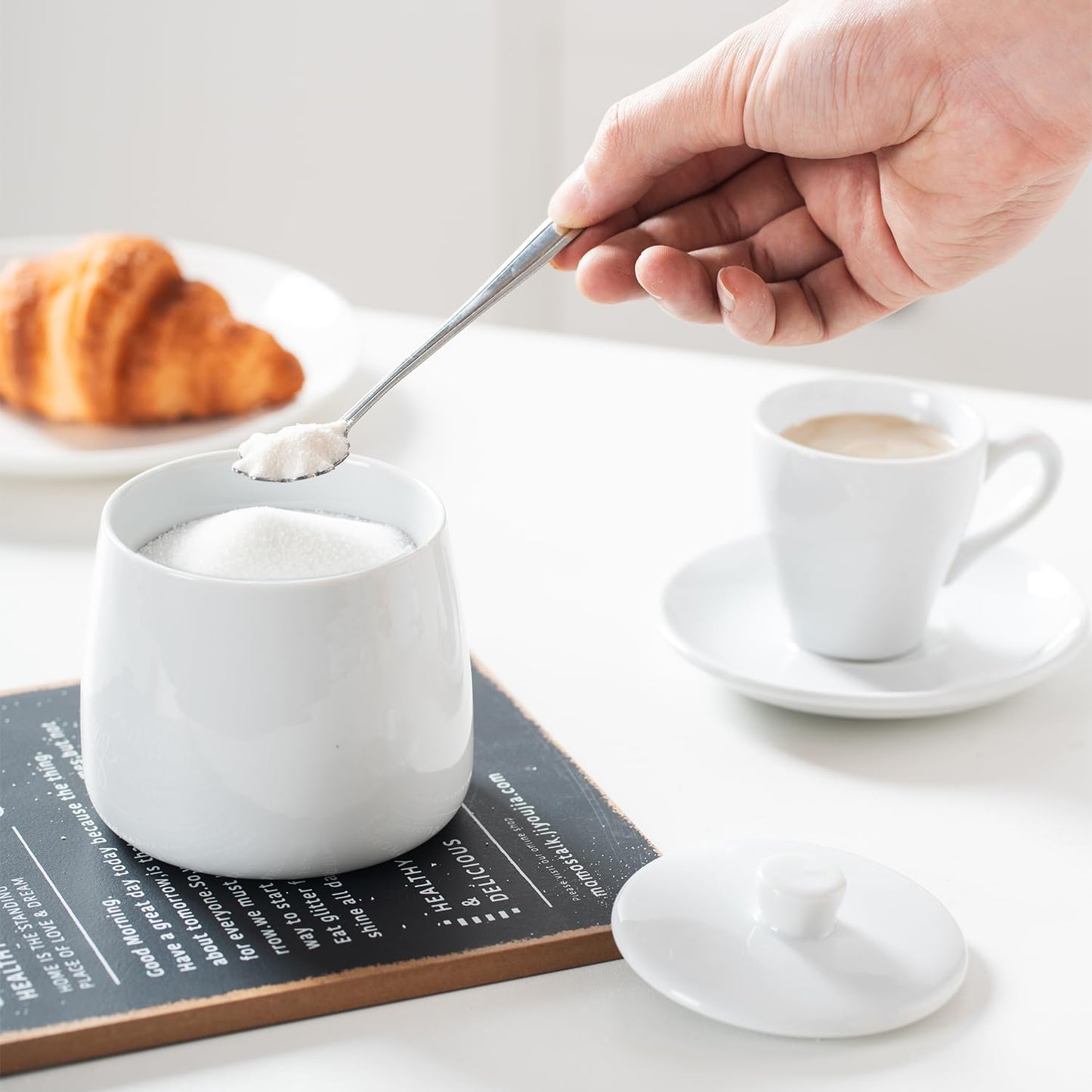 Sugar and Creamer Set, 4 Piece with Creamer Pitcher, Sugar Bowl with Lid and Spoon, Sugar Cube Tongs, for Coffee Accessories, Ceramic Coffee Serving Set