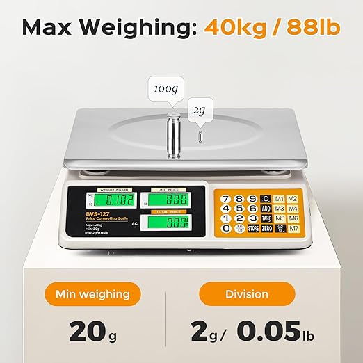 Bonvoisin Price Computing Scale 88lb/ 40kg, Commercial Food Weighing Scale 2g Division, Rechargeable Produce Deli Scale with Stainless Steel Plate for Farmer's Markets, Retail Outlets, Butcher Shops