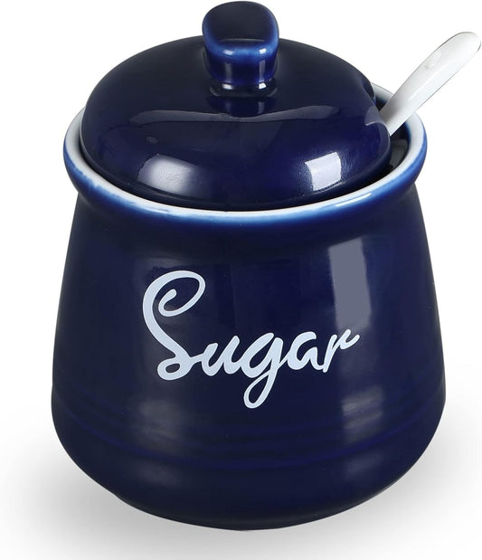 HAOTOP Farmhouse Porcelain Sugar Bowl with Lid and Spoon 12oz,Easy to Clean (Navy)
