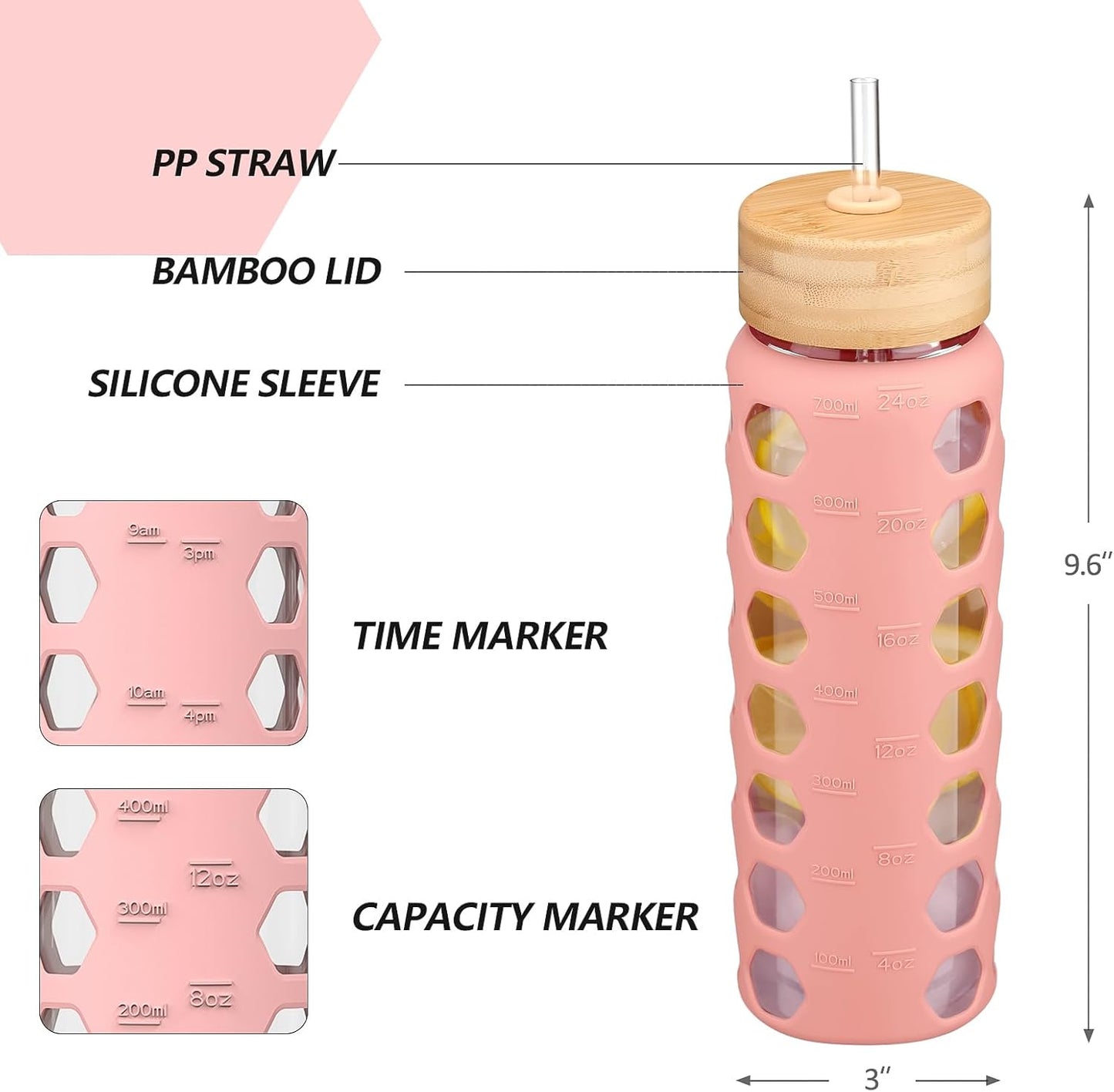 MUKOKO Glass Water Bottles, 24oz Glass Tumbler with Straw, Drinking Bottles with 2 Lids-Handle Spout Lid&Bamboo Straw Lid, Motivational Water Bottle with Time Marker and Silicone Sleeve, 1 Pack-Pink