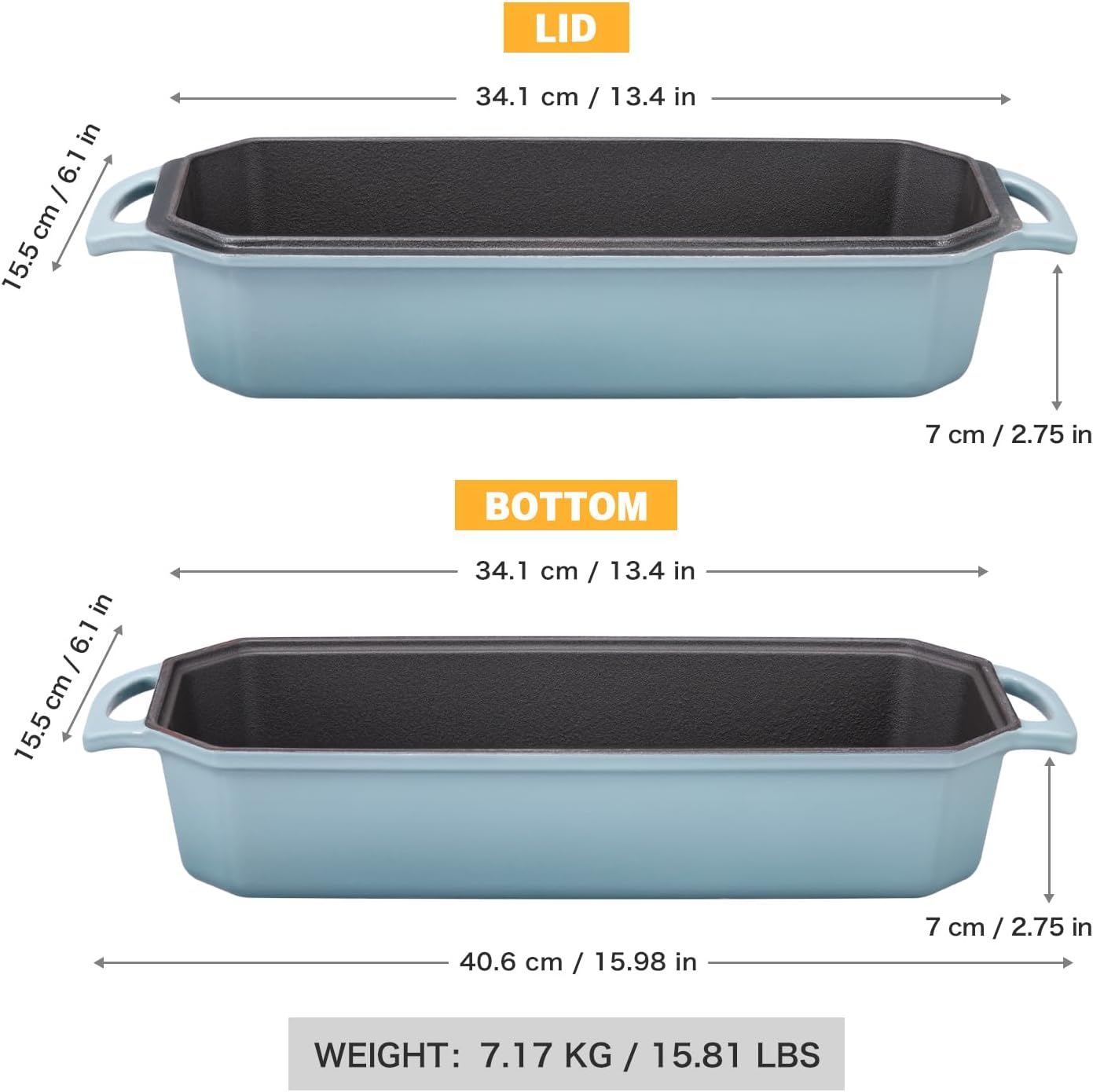 Bread Pan Cast Iron Loaf Pan with Lid Bread Loaf Pan 13x5 Inch Enameled Cast Iron Sourdough Bread Pan, LightBlue