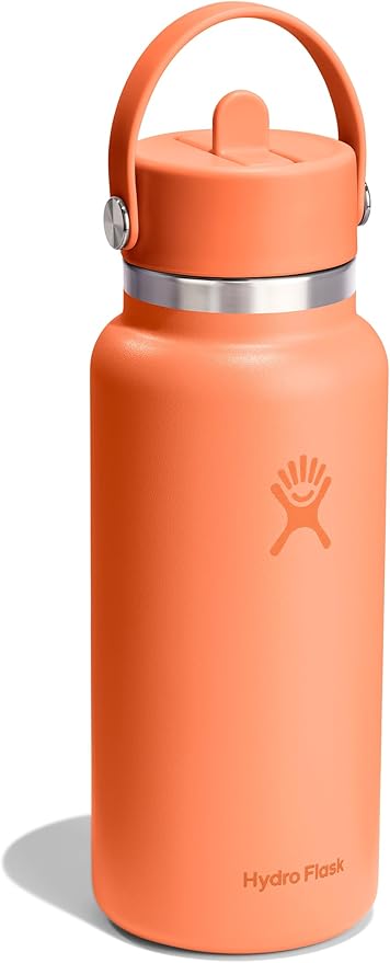 Hydro Flask Water Bottle - Insulated Stainless Steel - Wide Mouth Flex Straw Lid, Non Spill, Leakproof and Refillable in 32 Oz Nectar Orange