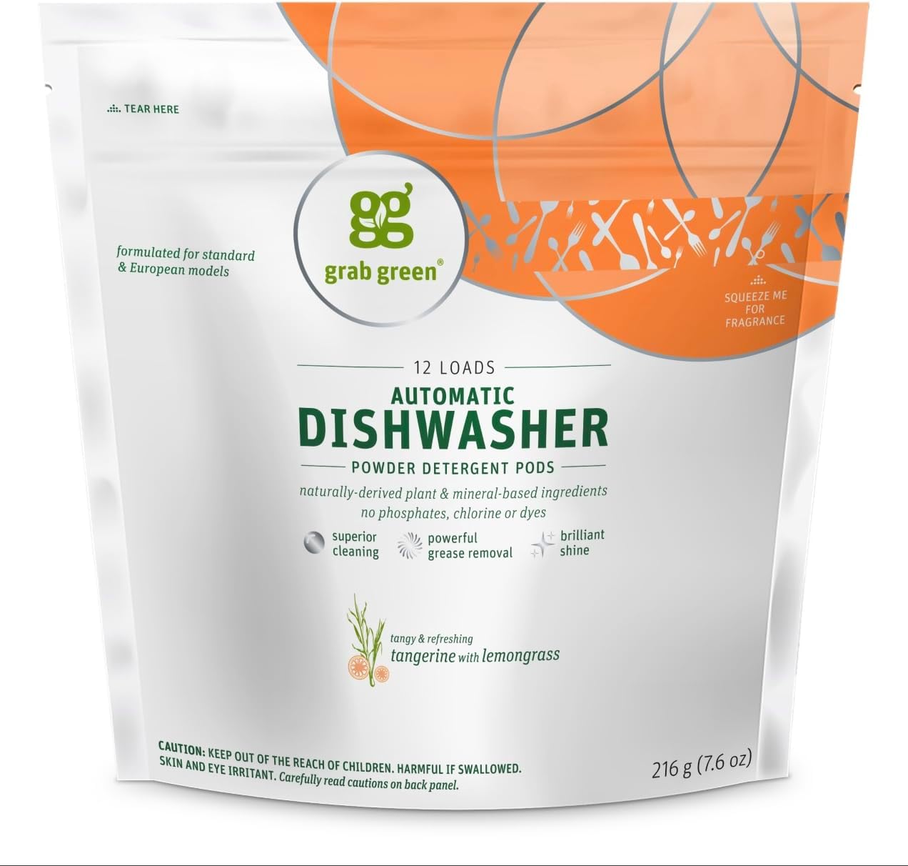 Grab Green Automatic Dishwashing Detergent Pods, 12 Count, Tangerine Lemongrass Scent, Plant and Mineral Based, Superior Cleaning, Powerful Grease Removal, Brilliant Shine