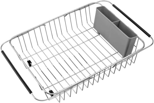 SANNO Expandable Dish Drying Rack,Dish Drainer,Dish Plate Holder Basket in Sink or On Counter with Utensil Silverware Storage Holder, Over The Sink,Rustproof Stainless Steel