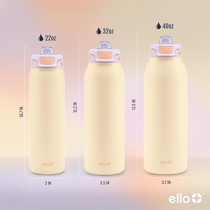 Ello Pop & Fill Stainless Steel Water Bottle with Quick Fill Technology, Double Walled Vacuum Insulated Metal, Leak Proof Locking Lid, Sip & Chug, BPA Free, Holiday Gift for Him Her, 22oz, 32oz, 40oz