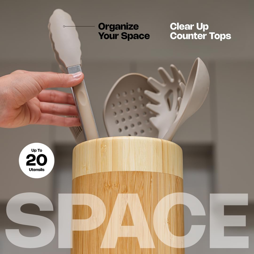 Samma Bamboo Utensil Holder - 8" Rotating Wooden Utensil Holder for Kitchen Counter - Space-Saving Utensil Organizer