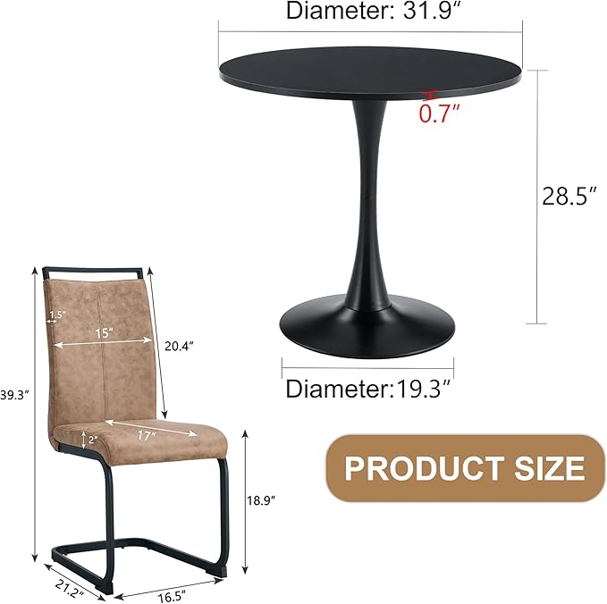32" Round Dining Table Set for 2, Indoor Bistro Table and Chairs Set of 2, Breakfast Table Set with Leather Upholstered Chairs, Ideal for Apartment,Kitchen, Office, Save Space(Black)