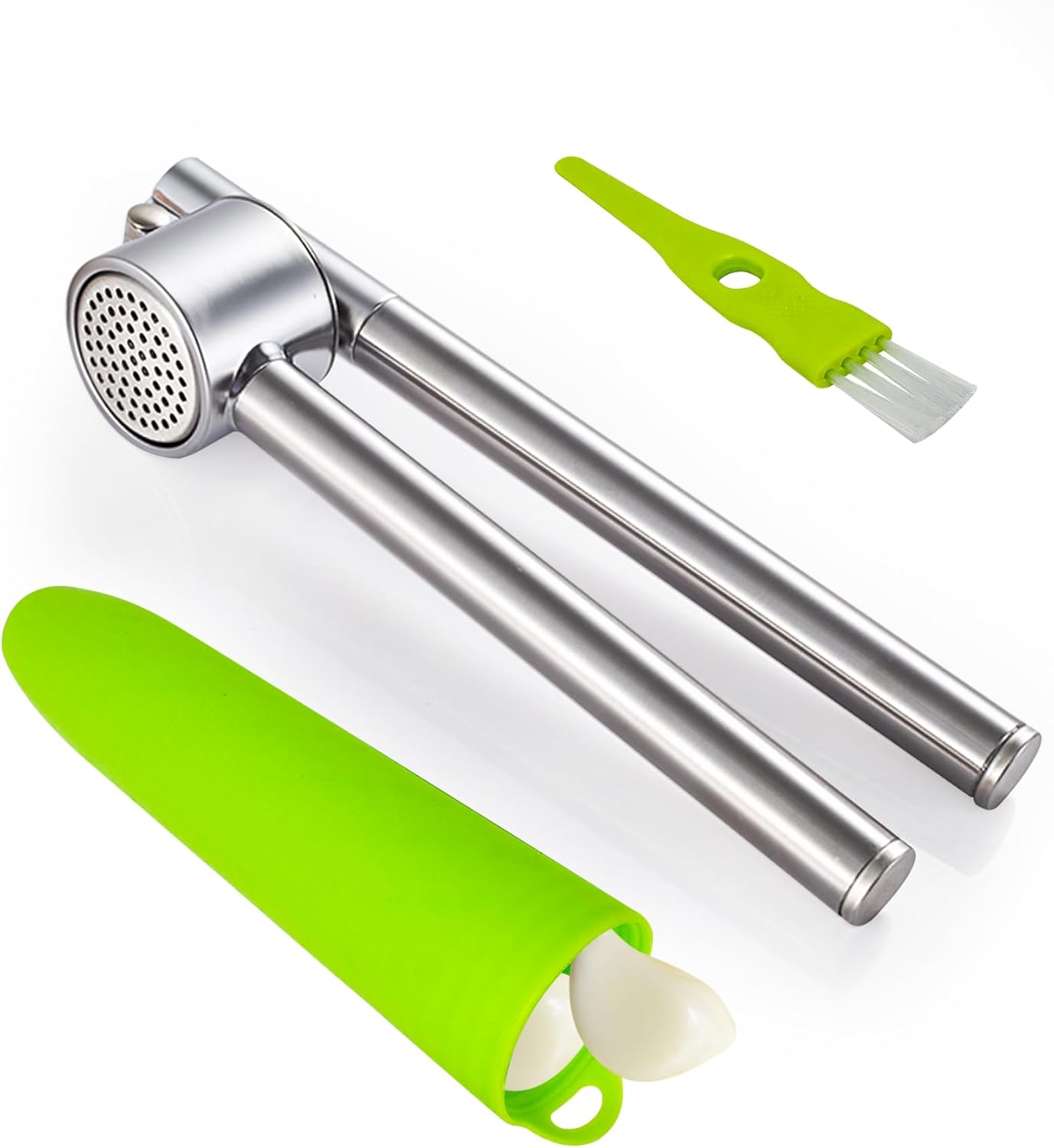Heavy Duty Garlic Press Stainless Steel 3-Piece Set - Metal Garlic Smasher Press w/Peeler Tool & Clean Brush, Effortless Mincer for Ginger/Garlic (Extended Handle)