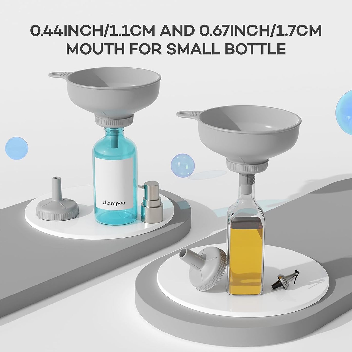 Pisol Wide Mouth Versatile Funnel, Canning Funnels for Kitchen Use, Food Grade Plastic Cooking Funnel Set with 4 Size Spouts and 2 Strainers for Filling Different Bottles and Bags, Grey