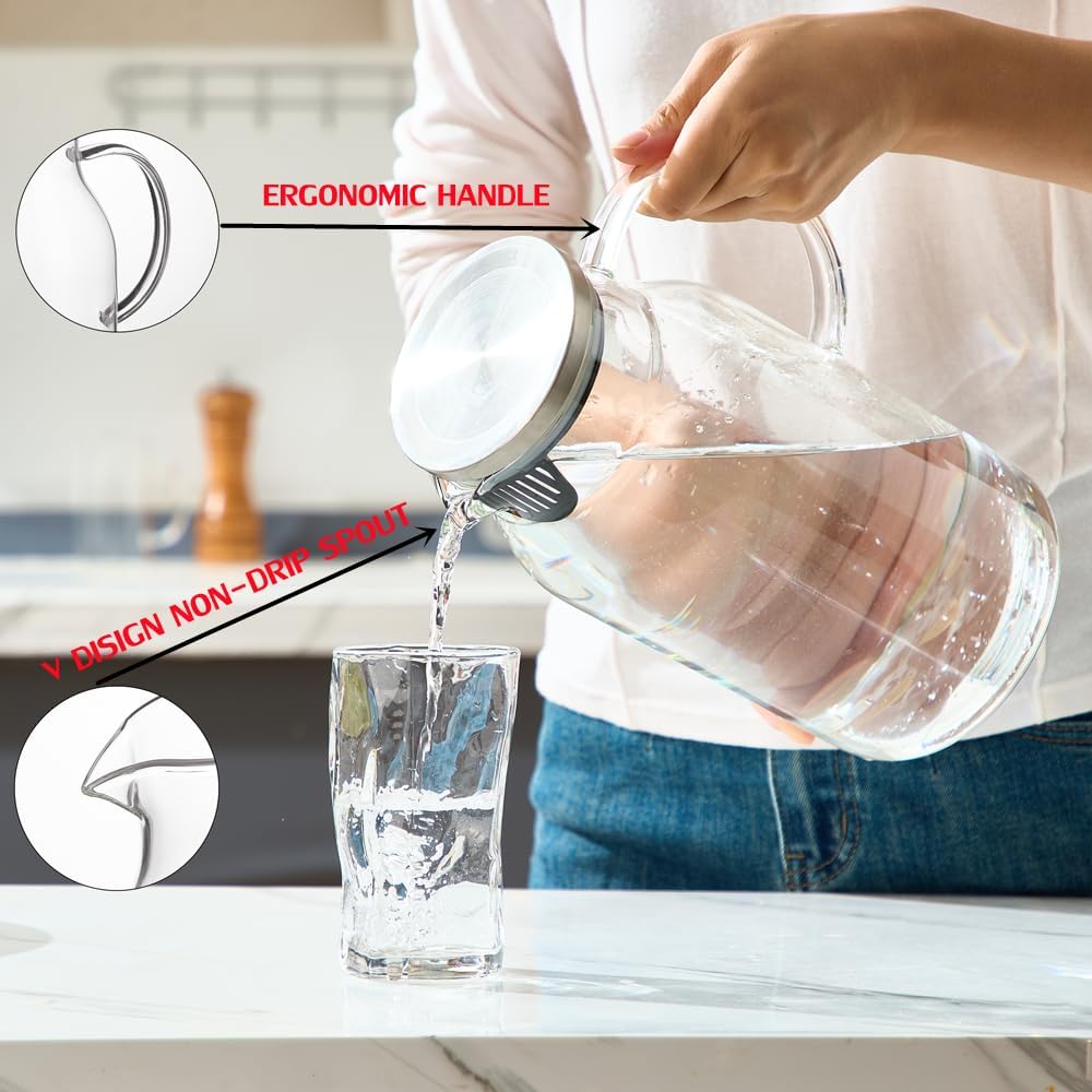 Karafu Glass Pitcher with Lid, 95 Ounces Wide Mouth Heat Resistant Water Jug for Hot/Cold Water, Ice tea and Juice Beverage