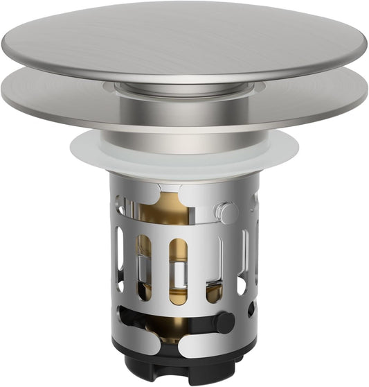 Hibbent Upgraded 3 in 1 Bathroom Sink Drain Strainer, Pop Up Sink Stopper with Big Push Cap, Anti-Clogging Metal Filter Basket,Sink Plug with Hair Catcher for 1.1''~2.36'' Basin, Brushed Nickel