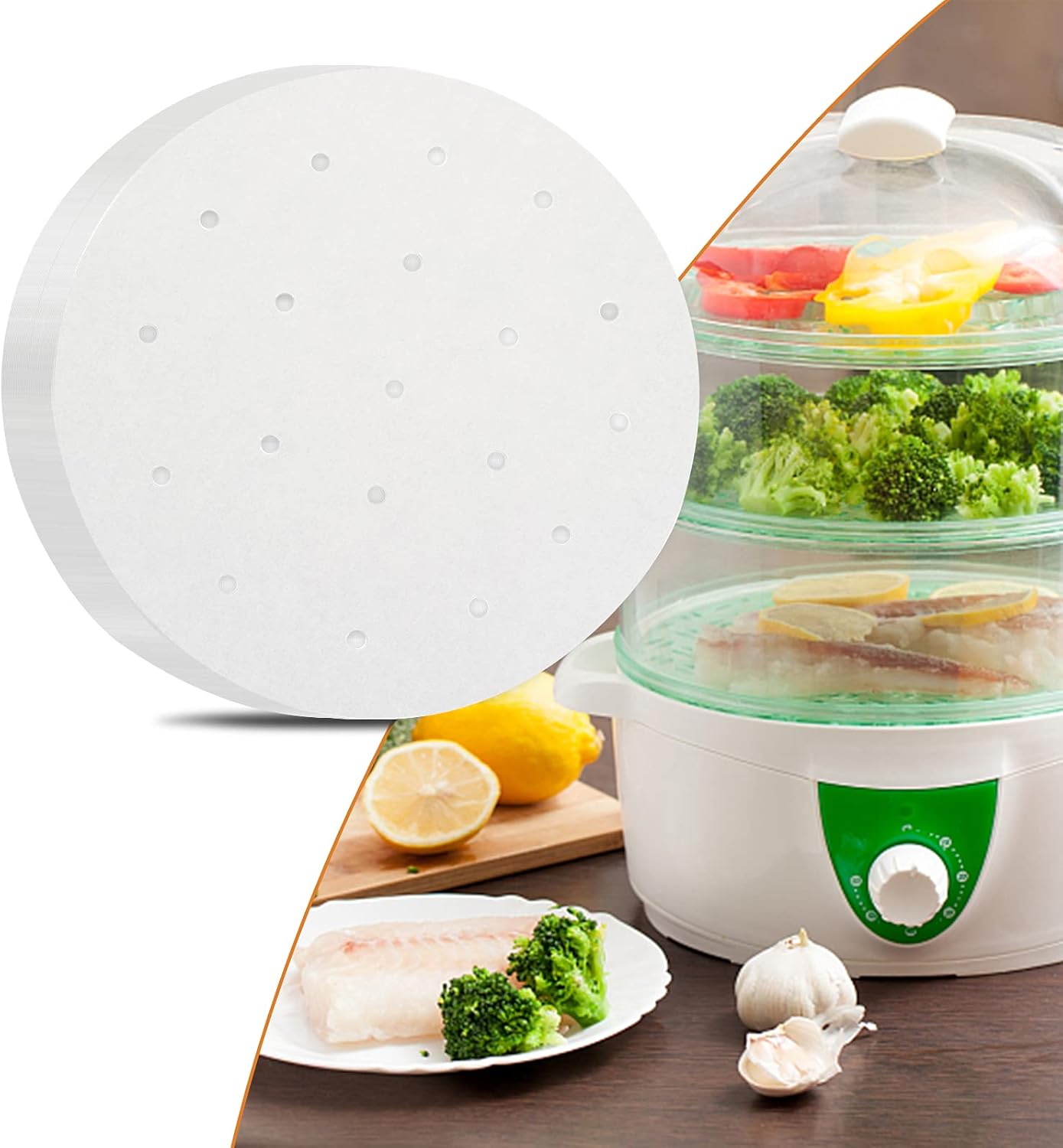 CONIE 12 Inch Steamer Paper Liners, Perforated Parchment Paper for Air Fryer Steaming Basket 100cts