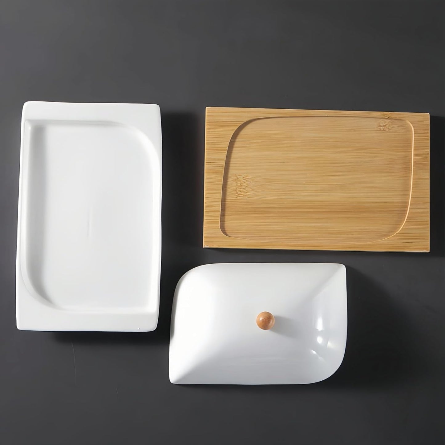 HAN SHENG Ceramic Butter Dish with Bamboo Tray & Lid - Butter Keeper Holder for Countertop, Fits East/West Coast & Large Sticks, Kitchen & Table Decor Gift