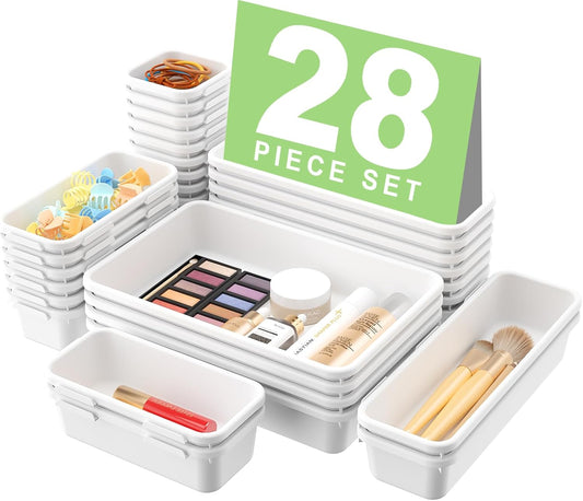 A-LuGei 【28PCS】 Drawer Organizer, Bathroom Organizers and Storage, Makeup organizer, Desk drawer organizer, Storage Bins for Kitchen Office Bedroom Vanity Jewelry Pantry Garage【White】【4Size】