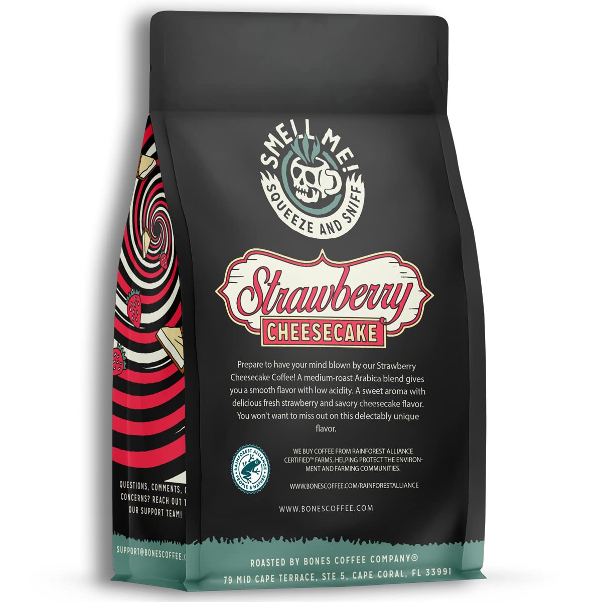 Bones Coffee Company Strawberry Cheesecake Flavored Coffee, Medium Roast Low Acid Arabica Beans Compatible with Auto drip and French Press Coffee Maker, 12 Oz Ground