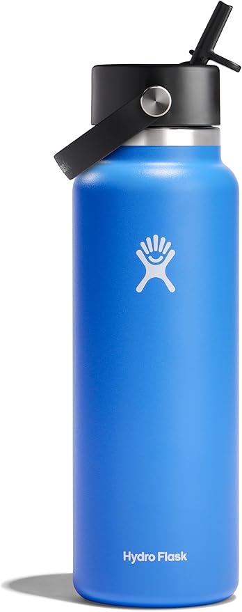 Hydro Flask Water Bottle - Insulated Stainless Steel - Wide Straw Lid, Non Spill, Leakproof in 40 Oz Cascade Blue