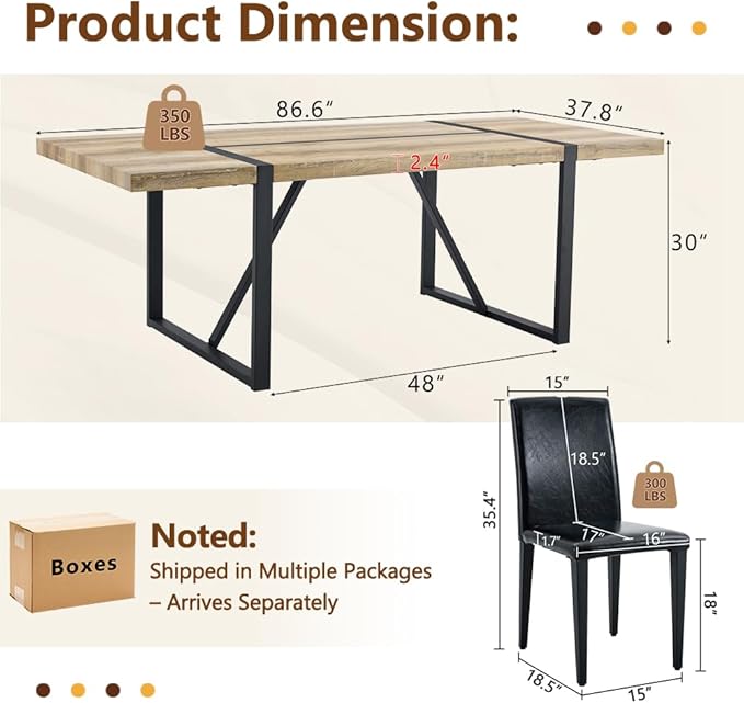 86.6" Dining Table Set for 6, Modern 7 Piece Wood Kitchen Table and Chairs Set, Rectangle Dining Room Table with 6 PU Leather Upholstered Chairs, Ideal for Apartment, Kitchen, Dining Room