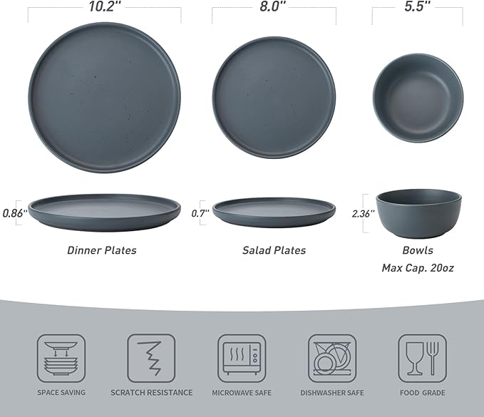 Famiware Dawn Plates and Bowls Sets, 12 Pieces Stoneware Dinnerware Sets, Dishes Set for 4, Microwave and Dishwasher Safe, Charcoal